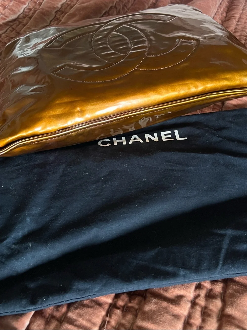 CHANEL 2008 Bon Bon petit Brown Patent Leather CC Chain Tote bag vintage